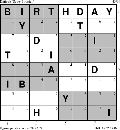 The grouppuzzles.com Difficult Super-Birthday puzzle for Tuesday July 16, 2024 with all 8 steps marked