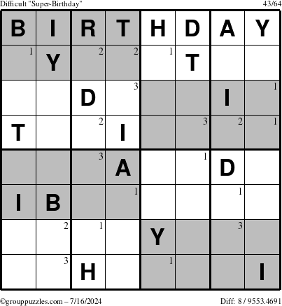 The grouppuzzles.com Difficult Super-Birthday puzzle for Tuesday July 16, 2024 with the first 3 steps marked