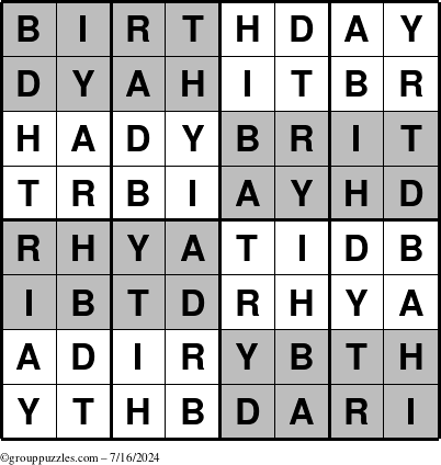 The grouppuzzles.com Answer grid for the Super-Birthday puzzle for Tuesday July 16, 2024