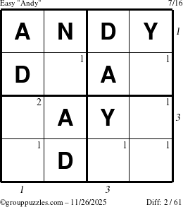 The grouppuzzles.com Easy Andy puzzle for Wednesday November 26, 2025 with all 2 steps marked