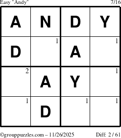 The grouppuzzles.com Easy Andy puzzle for Wednesday November 26, 2025 with the first 2 steps marked