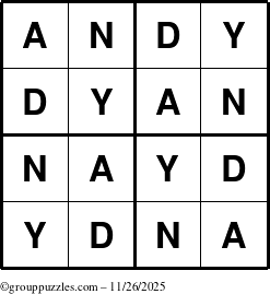The grouppuzzles.com Answer grid for the Andy puzzle for Wednesday November 26, 2025