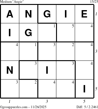 The grouppuzzles.com Medium Angie puzzle for Wednesday November 26, 2025, suitable for printing, with all 5 steps marked