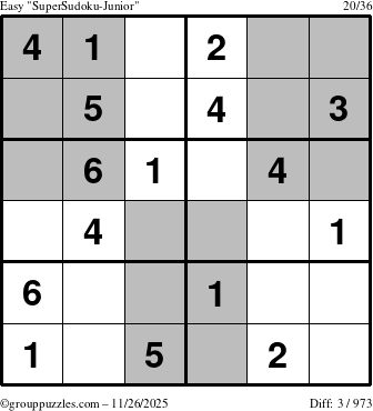The grouppuzzles.com Easy SuperSudoku-Junior puzzle for Wednesday November 26, 2025