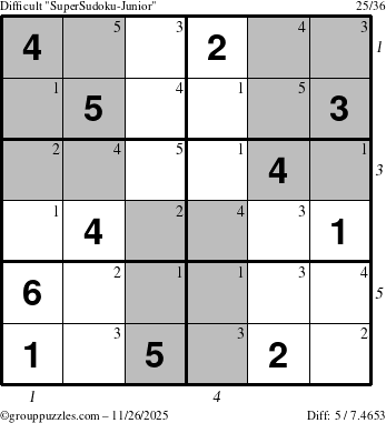 The grouppuzzles.com Difficult SuperSudoku-Junior puzzle for Wednesday November 26, 2025, suitable for printing, with all 5 steps marked