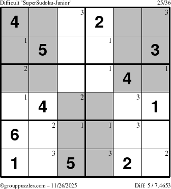 The grouppuzzles.com Difficult SuperSudoku-Junior puzzle for Wednesday November 26, 2025 with the first 3 steps marked
