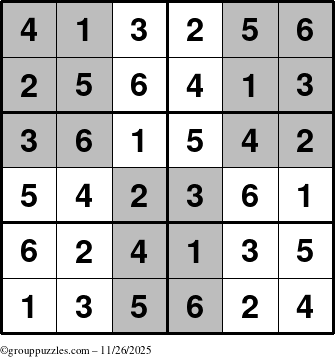The grouppuzzles.com Answer grid for the SuperSudoku-Junior puzzle for Wednesday November 26, 2025