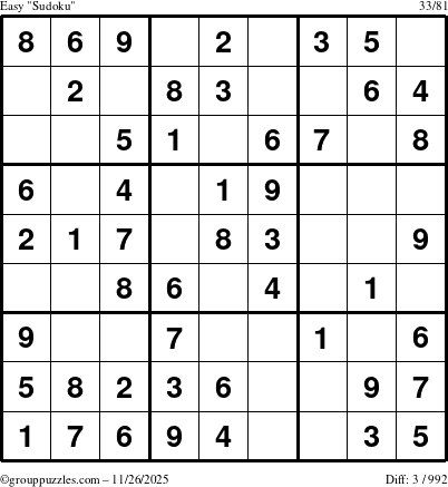 The grouppuzzles.com Easy Sudoku puzzle for Wednesday November 26, 2025