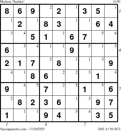 The grouppuzzles.com Medium Sudoku puzzle for Wednesday November 26, 2025, suitable for printing, with all 6 steps marked