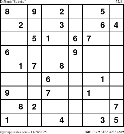 The grouppuzzles.com Difficult Sudoku puzzle for Wednesday November 26, 2025
