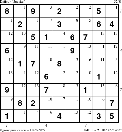 The grouppuzzles.com Difficult Sudoku puzzle for Wednesday November 26, 2025, suitable for printing, with all 13 steps marked