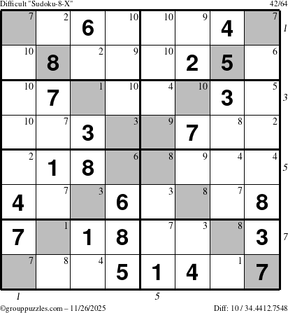 The grouppuzzles.com Difficult Sudoku-8-X puzzle for Wednesday November 26, 2025 with all 10 steps marked