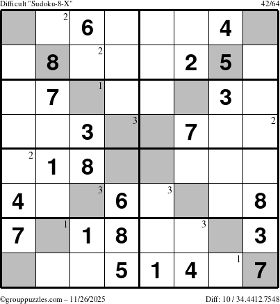 The grouppuzzles.com Difficult Sudoku-8-X puzzle for Wednesday November 26, 2025 with the first 3 steps marked