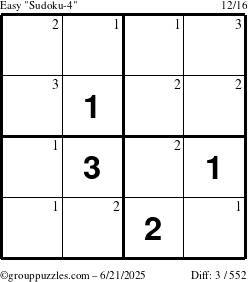 The grouppuzzles.com Easy Sudoku-4 puzzle for Saturday June 21, 2025 with the first 3 steps marked