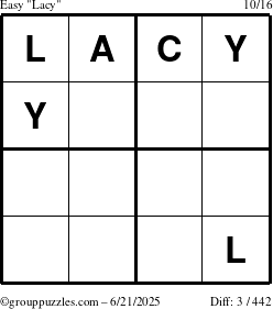 The grouppuzzles.com Easy Lacy puzzle for Saturday June 21, 2025