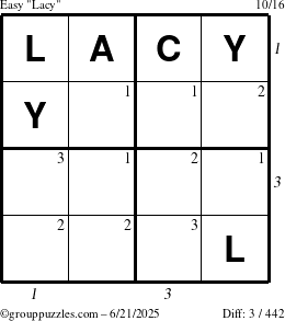 The grouppuzzles.com Easy Lacy puzzle for Saturday June 21, 2025 with all 3 steps marked