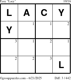 The grouppuzzles.com Easy Lacy puzzle for Saturday June 21, 2025 with the first 3 steps marked