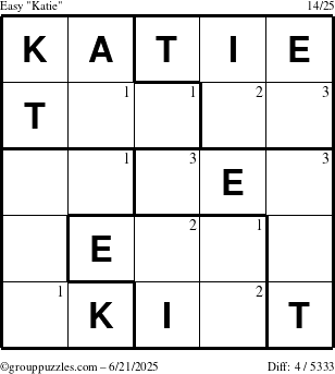 The grouppuzzles.com Easy Katie puzzle for Saturday June 21, 2025 with the first 3 steps marked