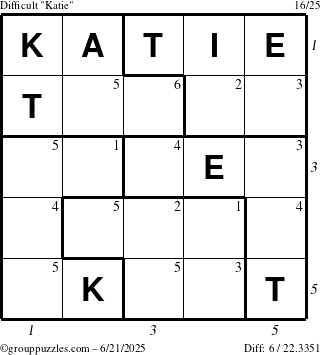 The grouppuzzles.com Difficult Katie puzzle for Saturday June 21, 2025, suitable for printing, with all 6 steps marked