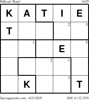 The grouppuzzles.com Difficult Katie puzzle for Saturday June 21, 2025 with the first 3 steps marked