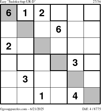 The grouppuzzles.com Easy Sudoku-6up-UR-D puzzle for Saturday June 21, 2025