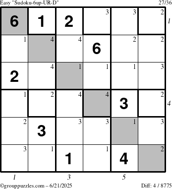 The grouppuzzles.com Easy Sudoku-6up-UR-D puzzle for Saturday June 21, 2025 with all 4 steps marked