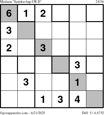 The grouppuzzles.com Medium Sudoku-6up-UR-D puzzle for Saturday June 21, 2025