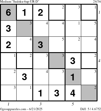 The grouppuzzles.com Medium Sudoku-6up-UR-D puzzle for Saturday June 21, 2025 with all 5 steps marked