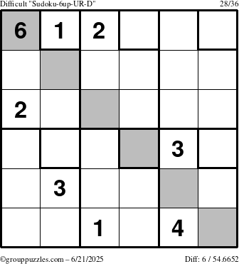 The grouppuzzles.com Difficult Sudoku-6up-UR-D puzzle for Saturday June 21, 2025