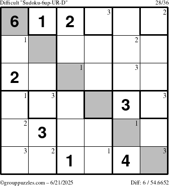 The grouppuzzles.com Difficult Sudoku-6up-UR-D puzzle for Saturday June 21, 2025 with the first 3 steps marked