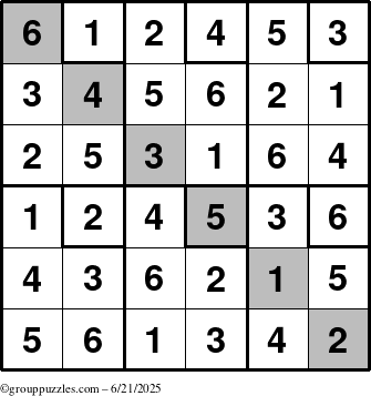 The grouppuzzles.com Answer grid for the Sudoku-6up-UR-D puzzle for Saturday June 21, 2025