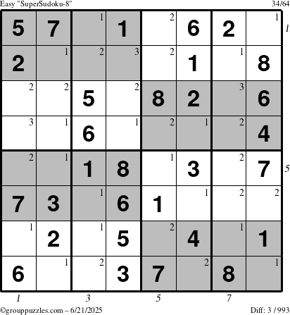 The grouppuzzles.com Easy SuperSudoku-8 puzzle for Saturday June 21, 2025 with all 3 steps marked