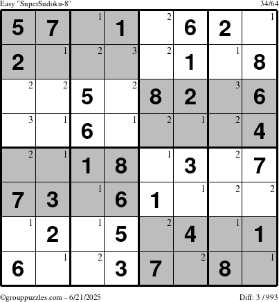The grouppuzzles.com Easy SuperSudoku-8 puzzle for Saturday June 21, 2025 with the first 3 steps marked