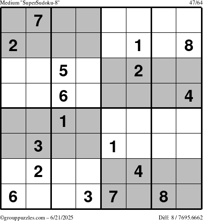 The grouppuzzles.com Medium SuperSudoku-8 puzzle for Saturday June 21, 2025