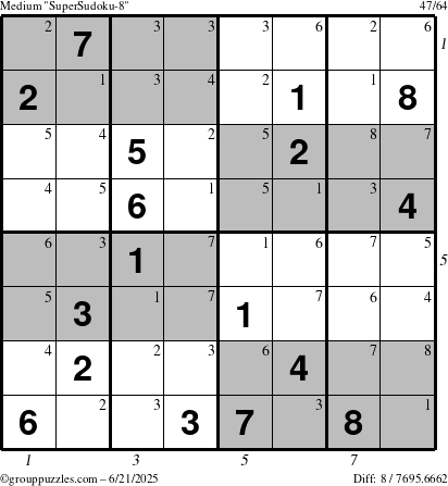 The grouppuzzles.com Medium SuperSudoku-8 puzzle for Saturday June 21, 2025 with all 8 steps marked