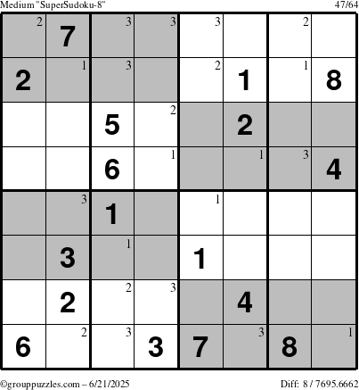 The grouppuzzles.com Medium SuperSudoku-8 puzzle for Saturday June 21, 2025 with the first 3 steps marked