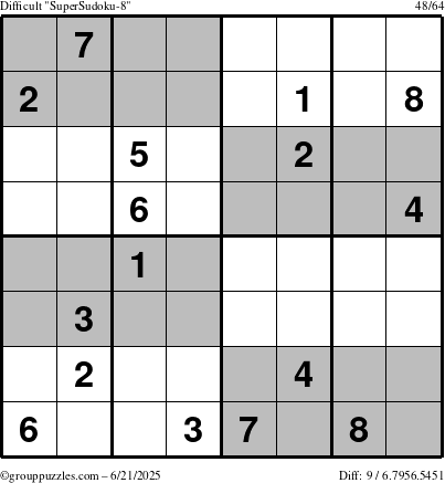 The grouppuzzles.com Difficult SuperSudoku-8 puzzle for Saturday June 21, 2025