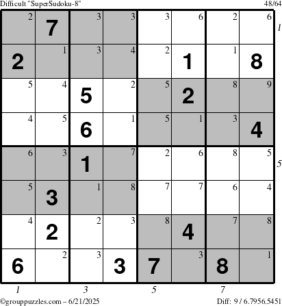 The grouppuzzles.com Difficult SuperSudoku-8 puzzle for Saturday June 21, 2025 with all 9 steps marked
