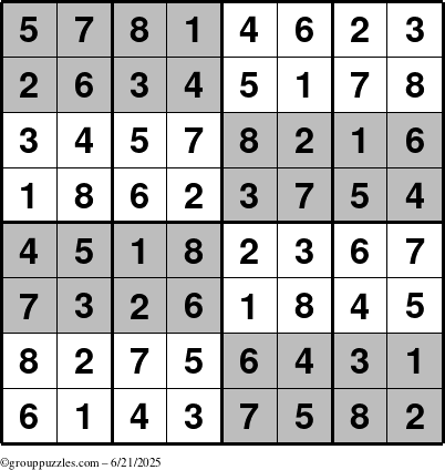 The grouppuzzles.com Answer grid for the SuperSudoku-8 puzzle for Saturday June 21, 2025