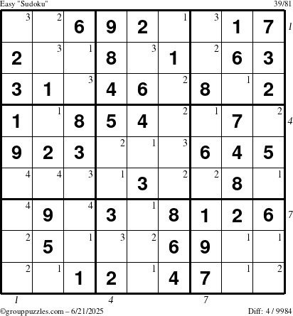 The grouppuzzles.com Easy Sudoku puzzle for Saturday June 21, 2025 with all 4 steps marked