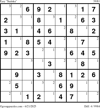 The grouppuzzles.com Easy Sudoku puzzle for Saturday June 21, 2025 with the first 3 steps marked