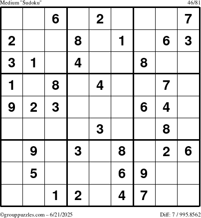 The grouppuzzles.com Medium Sudoku puzzle for Saturday June 21, 2025