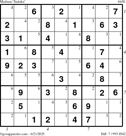 The grouppuzzles.com Medium Sudoku puzzle for Saturday June 21, 2025 with all 7 steps marked