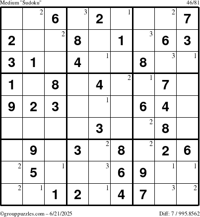 The grouppuzzles.com Medium Sudoku puzzle for Saturday June 21, 2025 with the first 3 steps marked