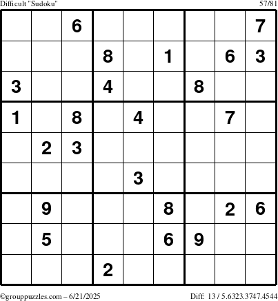 The grouppuzzles.com Difficult Sudoku puzzle for Saturday June 21, 2025