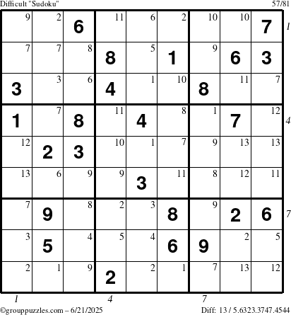 The grouppuzzles.com Difficult Sudoku puzzle for Saturday June 21, 2025 with all 13 steps marked