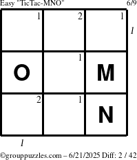 The grouppuzzles.com Easy TicTac-MNO puzzle for Saturday June 21, 2025 with all 2 steps marked
