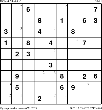 The grouppuzzles.com Difficult Sudoku puzzle for Saturday June 21, 2025 with the first 3 steps marked