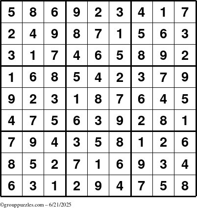 The grouppuzzles.com Answer grid for the Sudoku puzzle for Saturday June 21, 2025