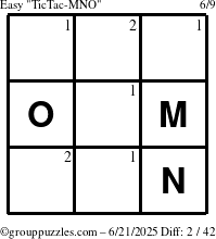 The grouppuzzles.com Easy TicTac-MNO puzzle for Saturday June 21, 2025 with the first 2 steps marked
